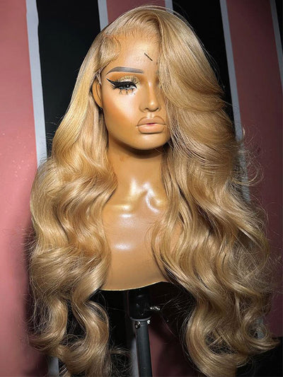 #27 Honey Blonde 3D Body Wave 5x5 13x4 Lace Front Wig Pre Plucked Light Brown Colored Wig - KissLove Hair