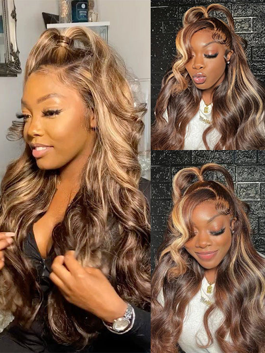 Kisslove Honey Blonde Highlights Body Wave Invisi-Drawstring Snug Fit 360 Lace Wig Glueless Human Hair Wigs
