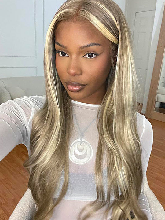 Barbie Blonde Wig With Brown Highlights Straight Hair & Body Wave 13x4 Lace Frontal Wigs - KissLove Hair