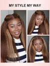 KissLove Honey Blonde Highlights 360 Lace Wig Kinky Straight Hair with Glueless Invisi-Drawstring Cap