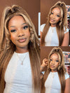 KissLove Honey Blonde Highlights 360 Lace Wig Kinky Straight Hair with Glueless Invisi-Drawstring Cap