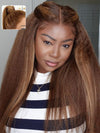KissLove Honey Blonde Highlights 360 Lace Wig Kinky Straight Hair with Glueless Invisi-Drawstring Cap