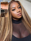 KissLove Honey Blonde Highlights 360 Lace Wig Kinky Straight Hair with Glueless Invisi-Drawstring Cap