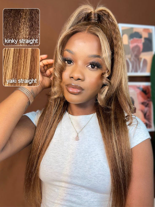 KissLove Honey Blonde Highlights 360 Lace Wig Kinky Straight Hair with Glueless Invisi-Drawstring Cap