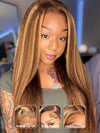 KissLove Honey Blonde Highlights 360 Lace Wig Kinky Straight Hair with Glueless Invisi-Drawstring Cap