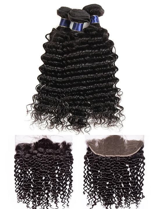 13x4 HD Lace Frontal With Bundles Deep Wave 12A Brazilian Virgin Hair Weave - KissLove Hair