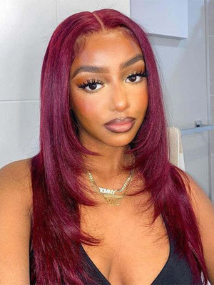 Layered Wig Straight Hair 99J Burgundy Full 13x6 Lace Frontal Human Hair Wigs - KissLove Hair