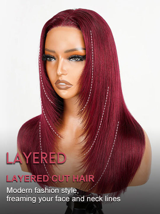 Layered Wig Straight Hair 99J Burgundy Full 13x6 Lace Frontal Human Hair Wigs - KissLove Hair