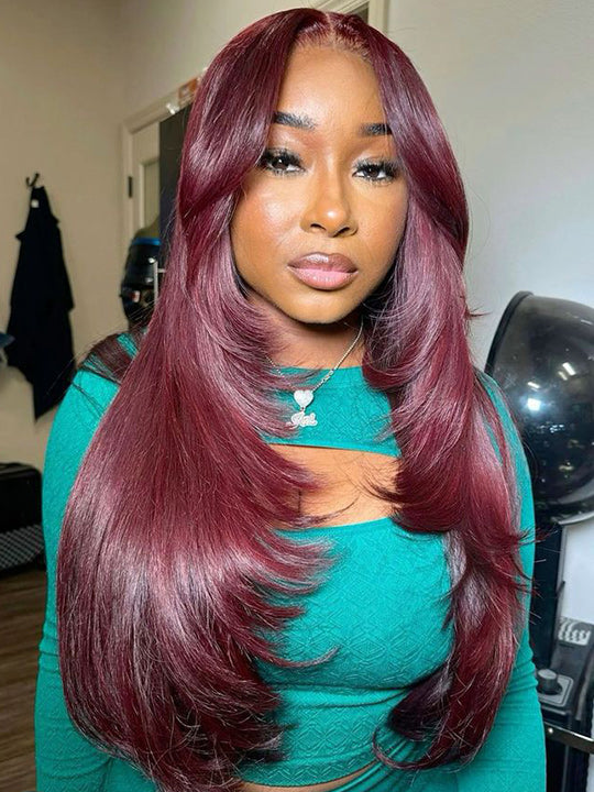 Layered Wig Straight Hair 99J Burgundy Full 13x6 Lace Frontal Human Hair Wigs - KissLove Hair