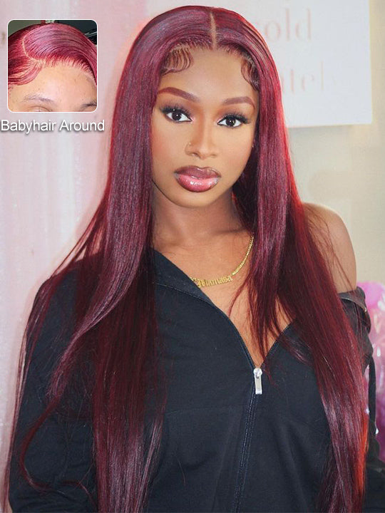 Bleached Knots Burgundy 360 Lace Frontal Wig Silky Straight Human Hair Wigs - Kisslove Hair