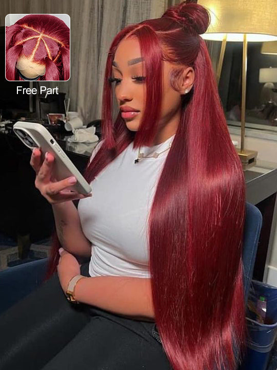 Bleached Knots Burgundy 360 Lace Frontal Wig Silky Straight Human Hair Wigs - Kisslove Hair