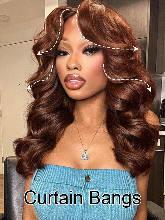 Layered Chocolate Brown Wig With Curtain Bangs 3D Body Wave 5x5 13x4 Lace Wigs - KissLove Hair