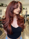 Layered Reddish Brown Wig With Curtain Bangs 3D Body Wave 5x5 13x4 Lace Front Wigs