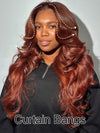 Layered Reddish Brown Wig With Curtain Bangs 3D Body Wave 5x5 13x4 Lace Front Wigs