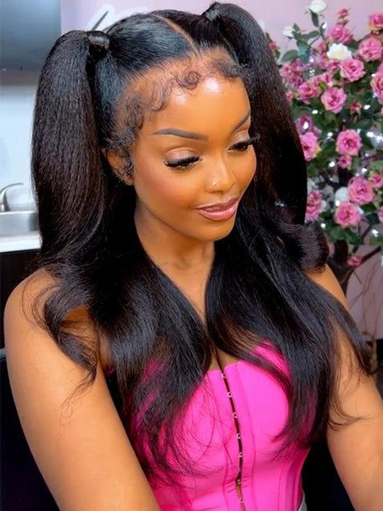 BOGO Glueless Kinky Straight Wig With Kinky Edges Yaki 5x5 13x4 13x6 Lace Front Wigs