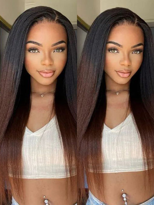 Kisslove Ombre Brown Yaki Straight Body Wave 360 Invisi-Drawstring Lace Human Hair Wigs