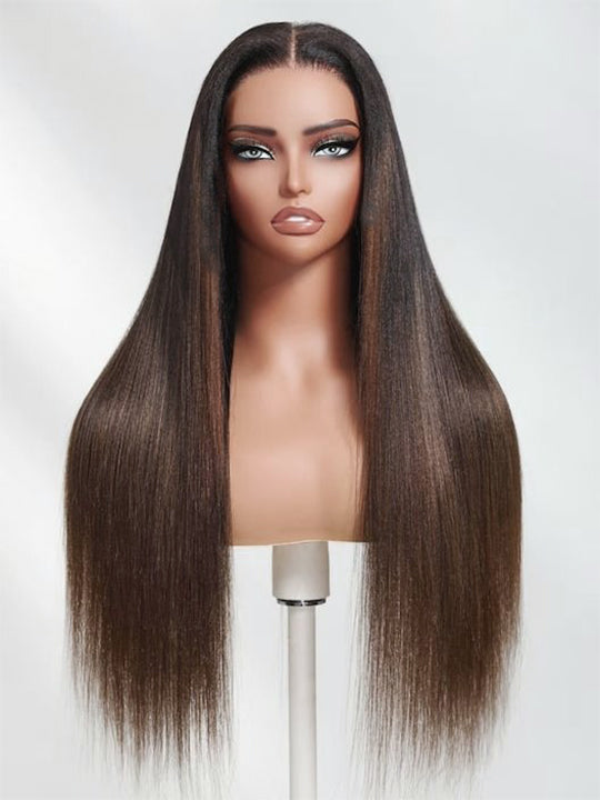 Ombre Black To Brown Light Yaki Straight Wig 4x4/6x4.5/13x4 Pre Max Pull Go Drawstring Wig