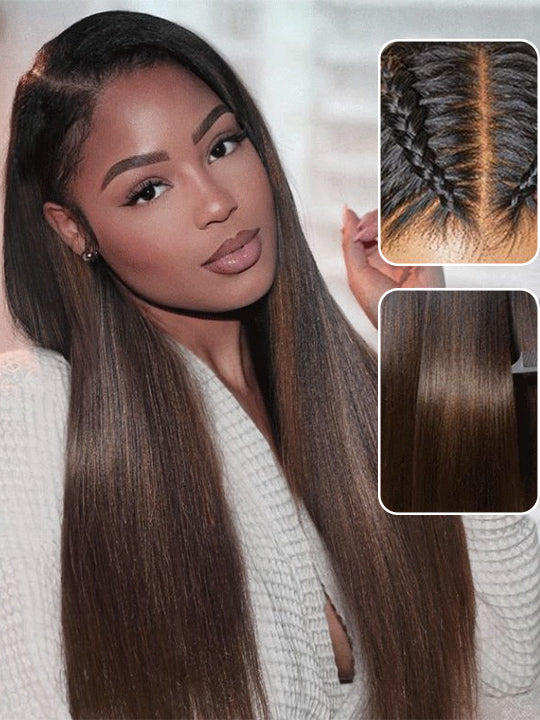 Ombre Black To Brown Light Yaki Straight Wig 4x4/6x4.5/13x4 Pre Max Pull Go Drawstring Wig