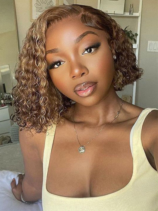 [2 Bob Wigs]13x4 Lace Frontal Natural Curly Hair+Highlight Brown Deep Wave Bob Wig