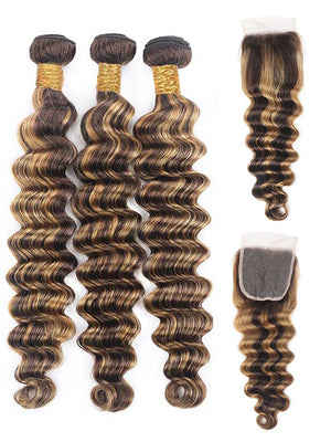 Bleached Knots Brown Highlighted Bundles With Closure Loose Deep Wave 12A Virgin Hair - KissLove Hair