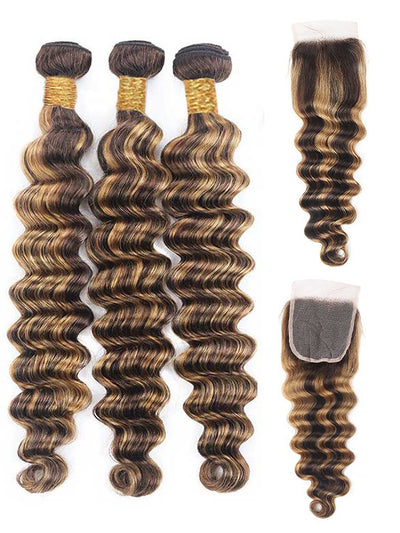 Bleached Knots Brown Highlighted Bundles With Closure Loose Deep Wave 12A Virgin Hair - KissLove Hair