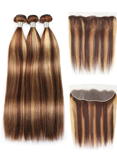 P4/27 Highlights Bundles With Frontal 12A Brazilian Straight Virgin Human Hair - KissLove Hair