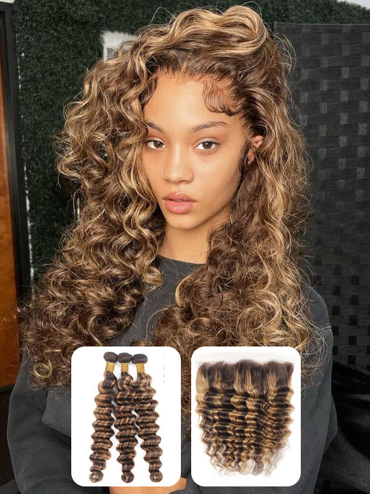 P4/27 Highlights Bundles With Frontal Loose Deep Wave Brazilian Colored Human Hair Extensions - KissLove Hair