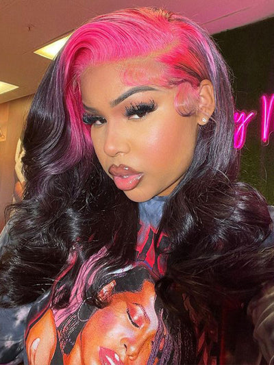 Red/Pink/Green Root Highlights 3D Body Wave Human Hair 13x4 HD Lace Wigs - KissLove Hair