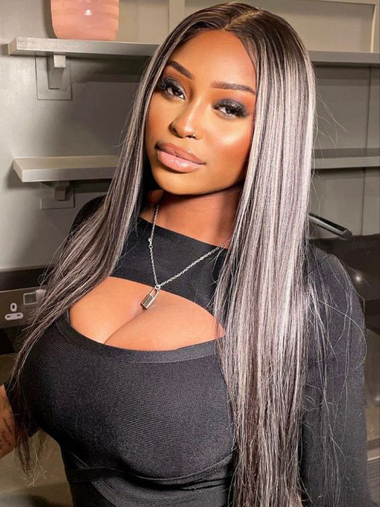 Platinum Blonde Highlights Straight Hair Piano Color 13x4 Transparent HD Lace Front Human Hair Wigs - KissLove Hair