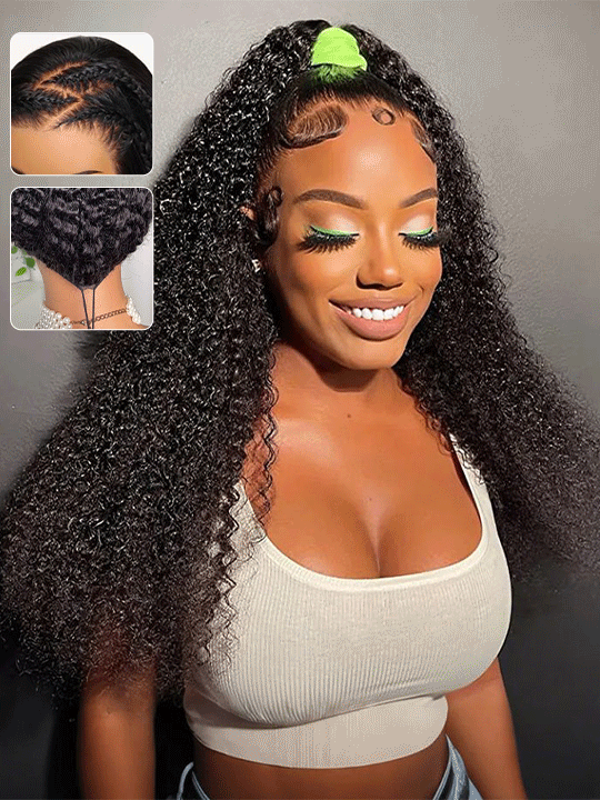 Kinky Curly Hair 13x6 Lace Frontal Wig Pull Go Drawstring Transparent Lace Frontal Wigs
