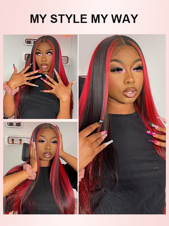 Full 13x6 Lace Frontal Wig Red Highlights Straight Virgin Human Hair Wigs