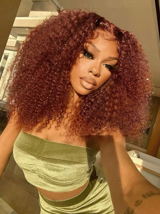Kisslove #33 Reddish Brown Kinky Curly Hair Invisi Drawstring 360 Glueless Lace Wigs - KissLove Hair