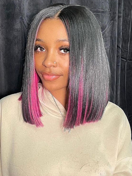 Short Bob Peekboo Pink Highlight Wig Lace Front Wigs  display picture 3