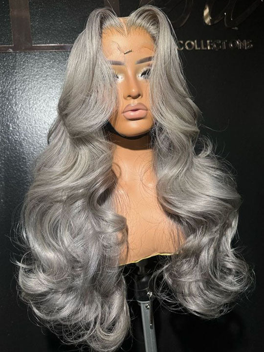Silver Color 3D Body Wave 13x4 Lace Frontal Wig Pre Bleached Barbie Hair Style Human Hair Wigs