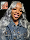 Perruque de cheveux humains gris argenté 13x4 HD, perruques avant en dentelle