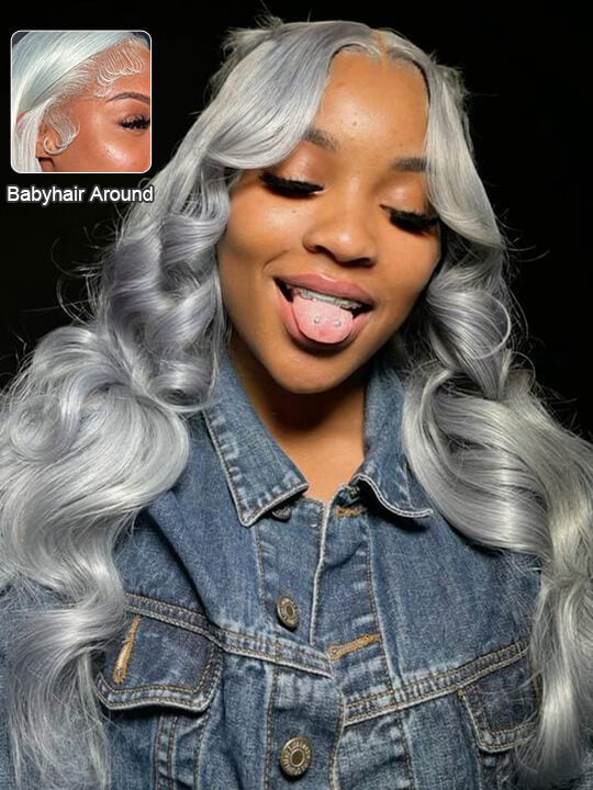 Silver Color 3D Body Wave 13x4 Lace Frontal Wig Pre Bleached Barbie Hair Style Human Hair Wigs