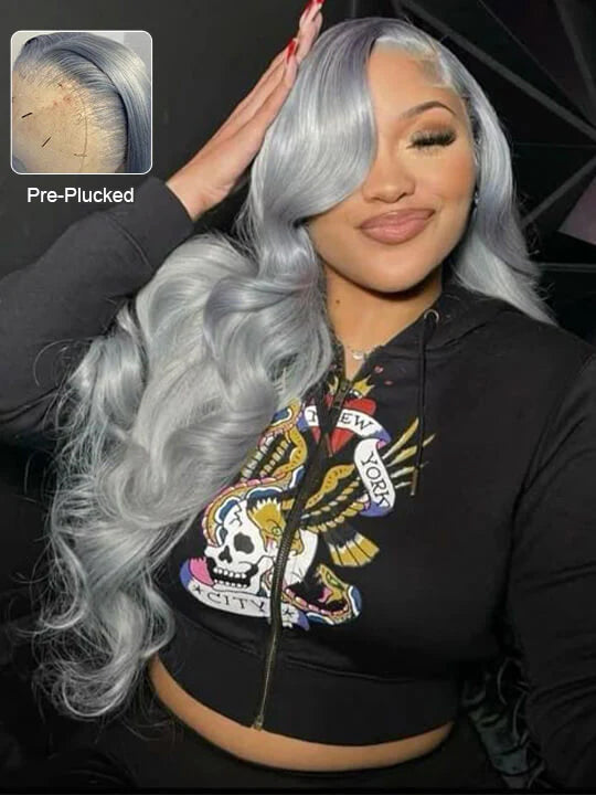 Silver Color 3D Body Wave 13x4 Lace Frontal Wig Pre Bleached Barbie Hair Style Human Hair Wigs
