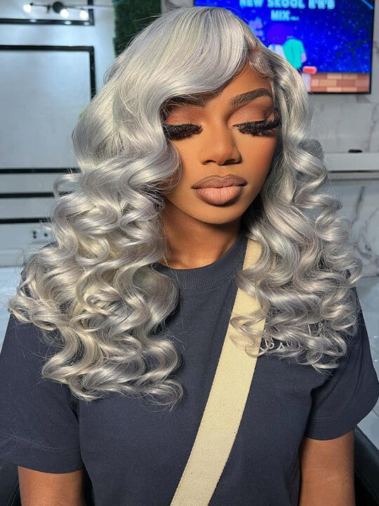 Silver Color 3D Body Wave 13x4 Lace Frontal Wig Pre Bleached Barbie Hair Style Human Hair Wigs