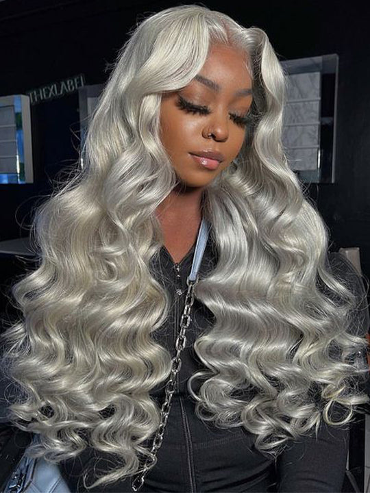 Silver Color 3D Body Wave 13x4 Lace Frontal Wig Pre Bleached Barbie Hair Style Human Hair Wigs