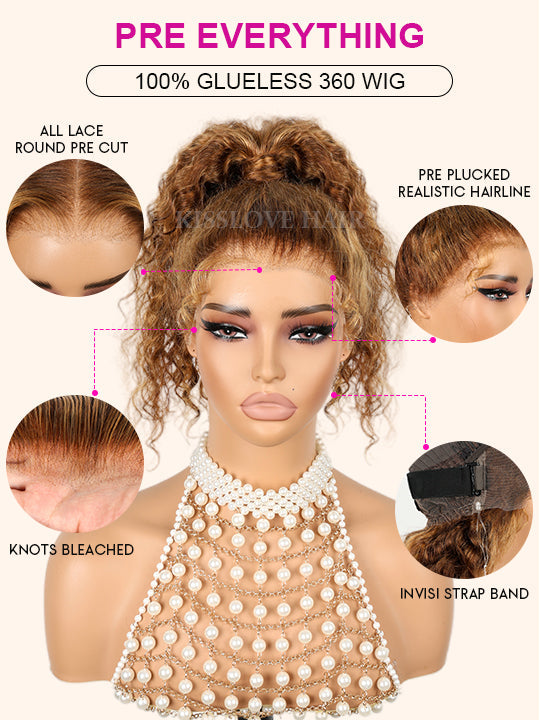 Kisslove Honey Blonde Highlights Body Wave Invisi-Drawstring Snug Fit 360 Lace Wig Glueless Human Hair Wigs