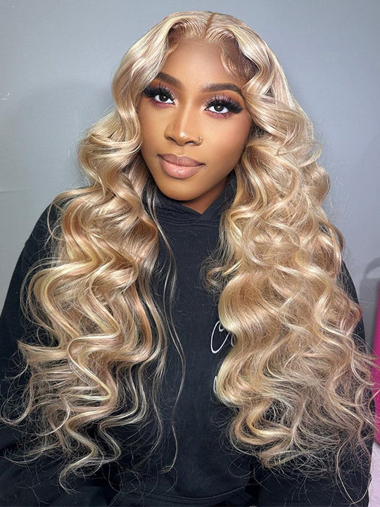 Light Flaxen Brown With Blonde Highlights 3D Body Wave 13x4 Lace Front Human Hair Wigs - KissLove Hair
