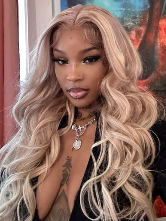 Light Flaxen Brown With Blonde Highlights 3D Body Wave 13x4 Lace Front Human Hair Wigs - KissLove Hair