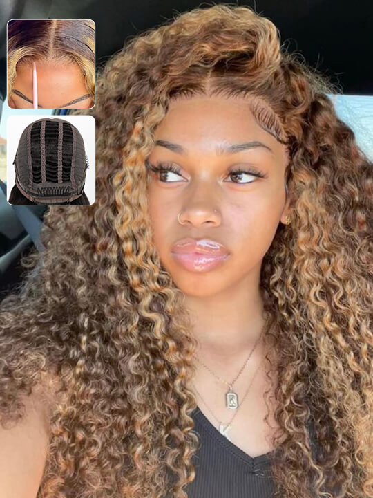 [Wear & Go] Air Wig Honey Blonde Highlight P4/27 Deep Curly Hair Glueless 13x4 Lace Frontal Wigs