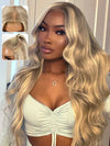 Balayage blond sur perruques brunes de vague de corps 13x6 HD cheveux humains en dentelle transparente