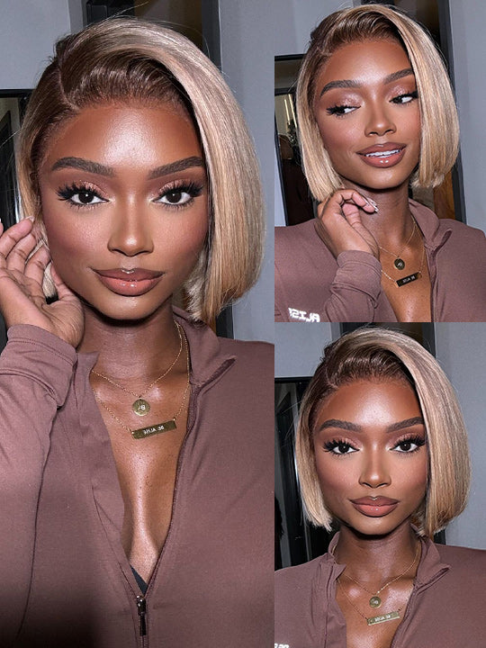 [Wear & Go] Ash Blonde with Dark Root Straight Bob Wig 13x4 Transparnt Lace Glueless Wig