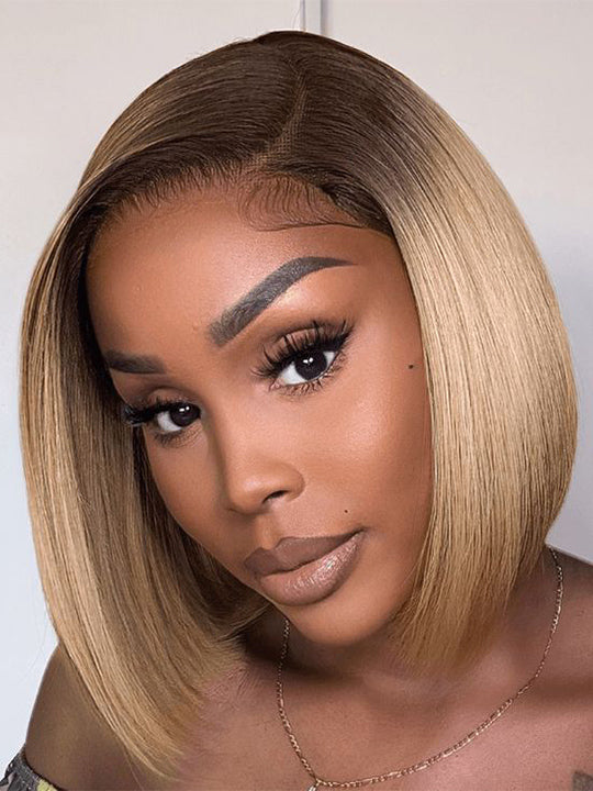 [Wear & Go] Ash Blonde with Dark Root Straight Bob Wig 13x4 Transparnt Lace Glueless Wig