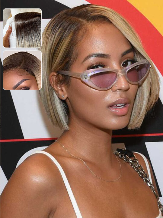 [2 Bob Wigs]Yaki Straight + 13x4 Lace Frontal Dark Roots Ash Blonde Bob Wig