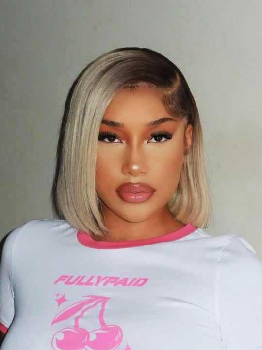 [2 Bob Wigs]Yaki Straight + 13x4 Lace Frontal Dark Roots Ash Blonde Bob Wig