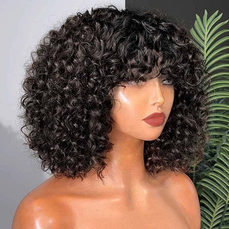 [Clearance] Bob Wig With Bangs Curly Hair 3x1 Lace Glueless Wig 100% Human Hair