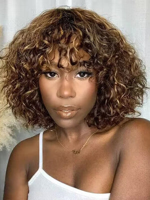[Wear & Go] Highlight Bob Wig With Bangs Curly Glueless Wig 100% Human Hair - KissLove Hair